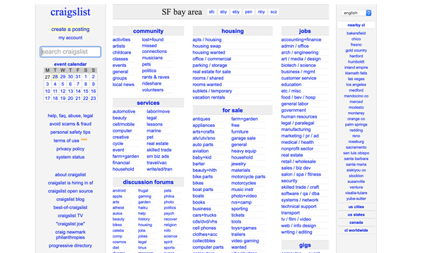 Screenshot of Craigslist’s design.