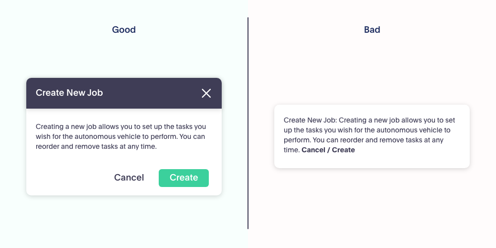 Side-by-side comparison of a UGC prompt where the good UX uses type, color and structure to provide direction while the bad UX is just a block of text with no sense of hierarchy.