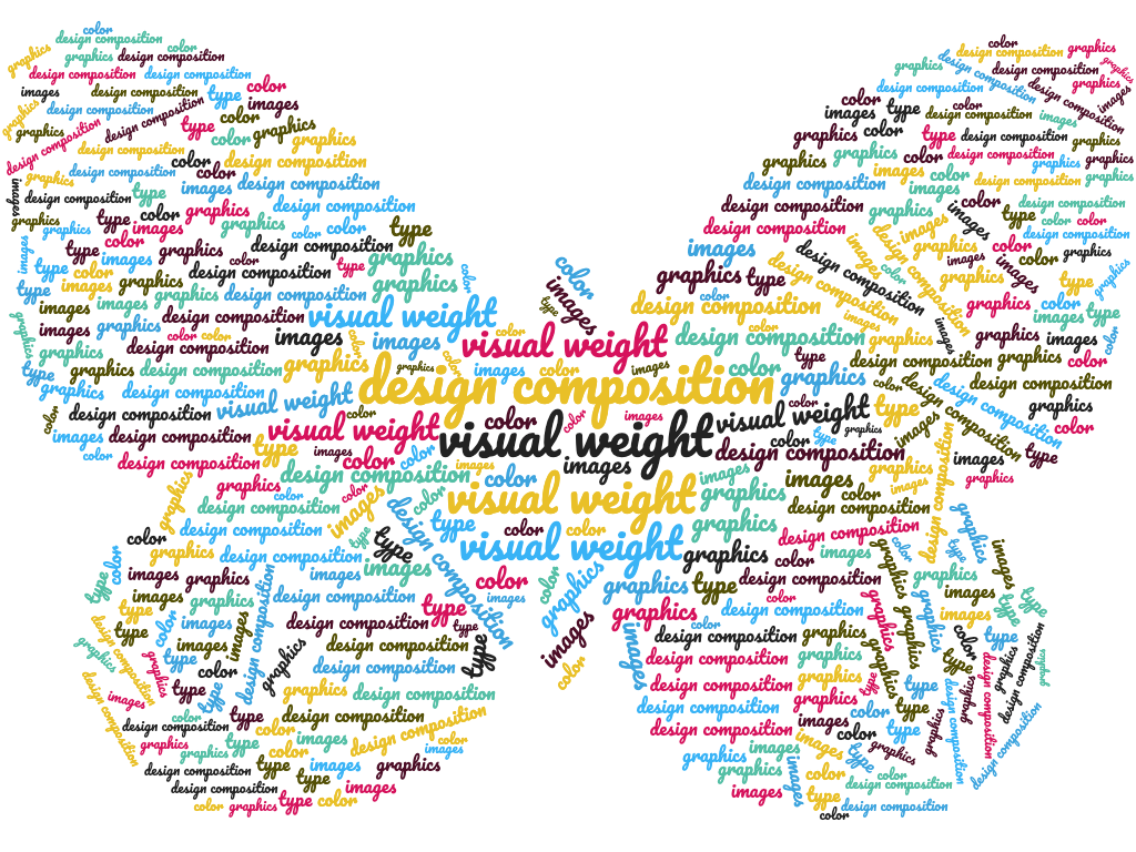 Butterfly word art composed of the words design composition, visual weight, graphics, color, images and type.