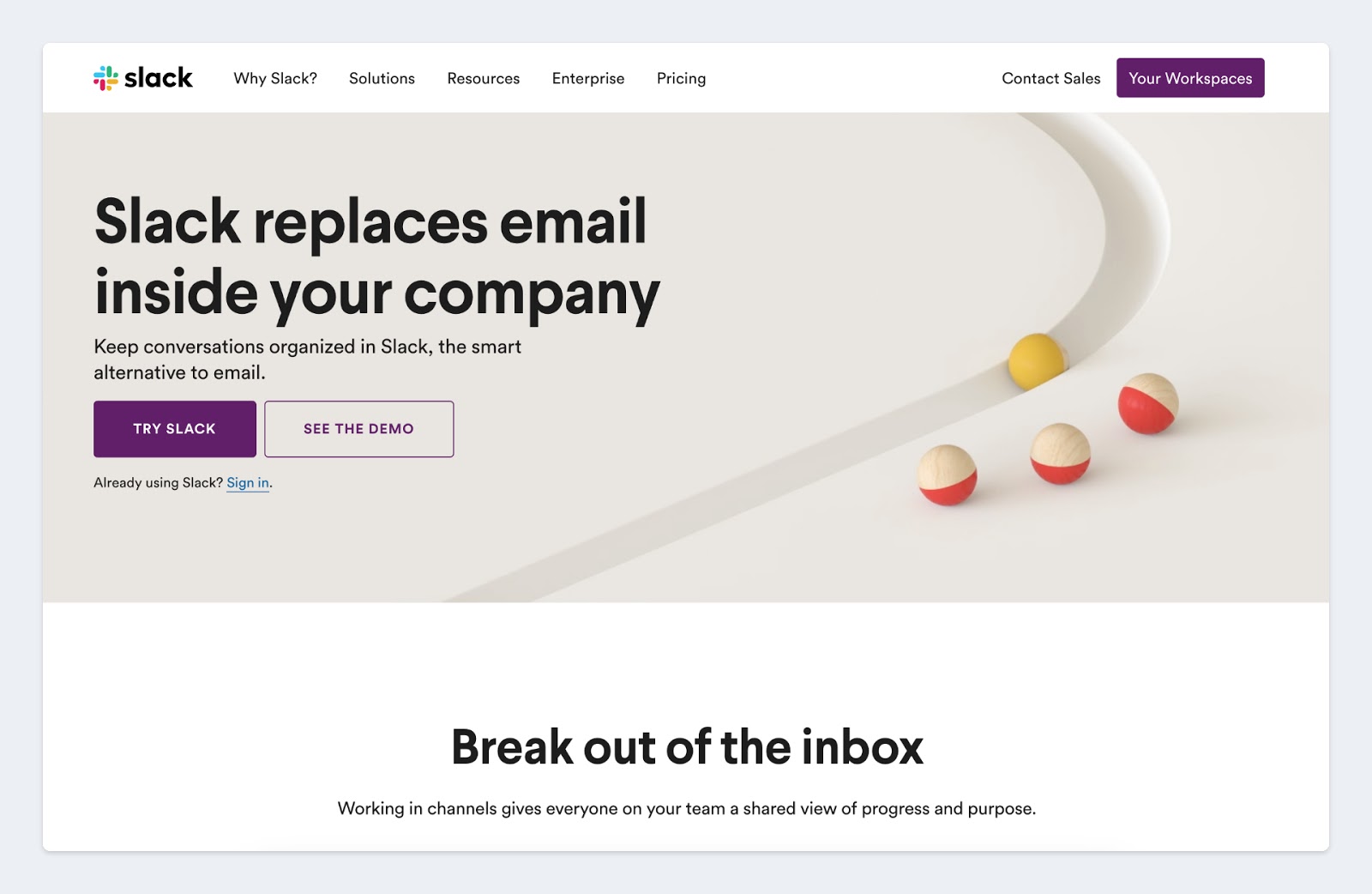 Screenshot of Slack's homepage and the typeface treatment used to call attention to the CTA.