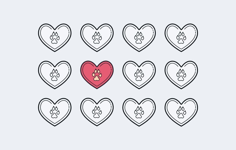 A pink colored heart icon stands out in a 3x4 grid of grey-scale icons.