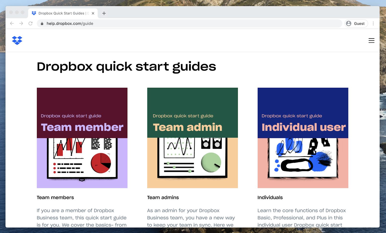 Dropbox utilizes contrast in their quick start layout by changing the background color to have an equal amount of contrast between each title.