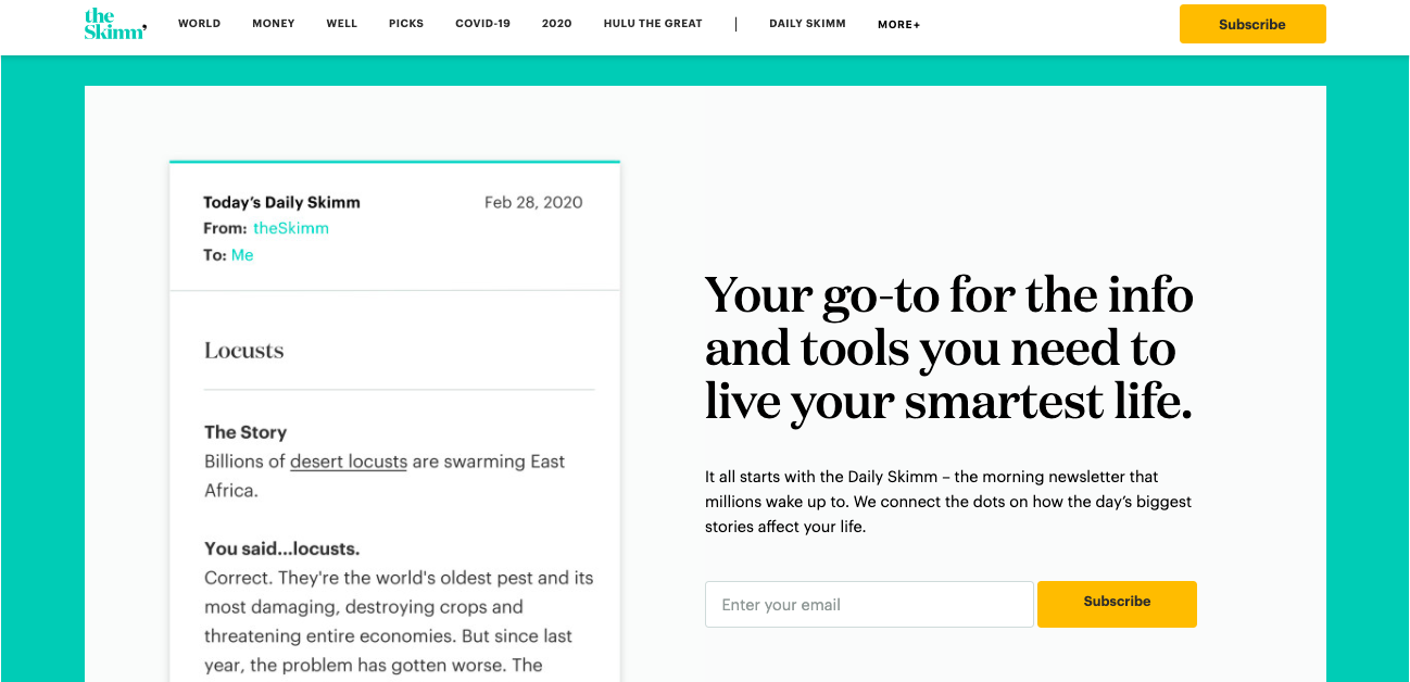 On theskimm.com, the CTA button is immediately distinguishable due to high contrast color treatment.