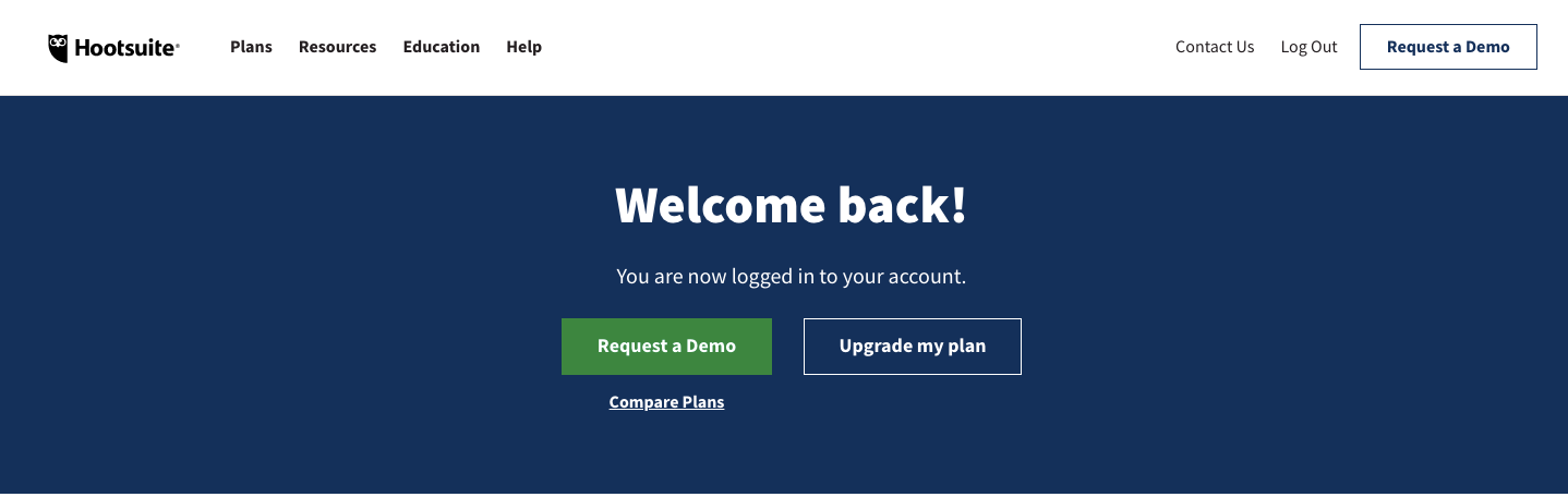 On Hootsuite.com, the secondary button 'Upgrade my plan' is in the ghost button style.