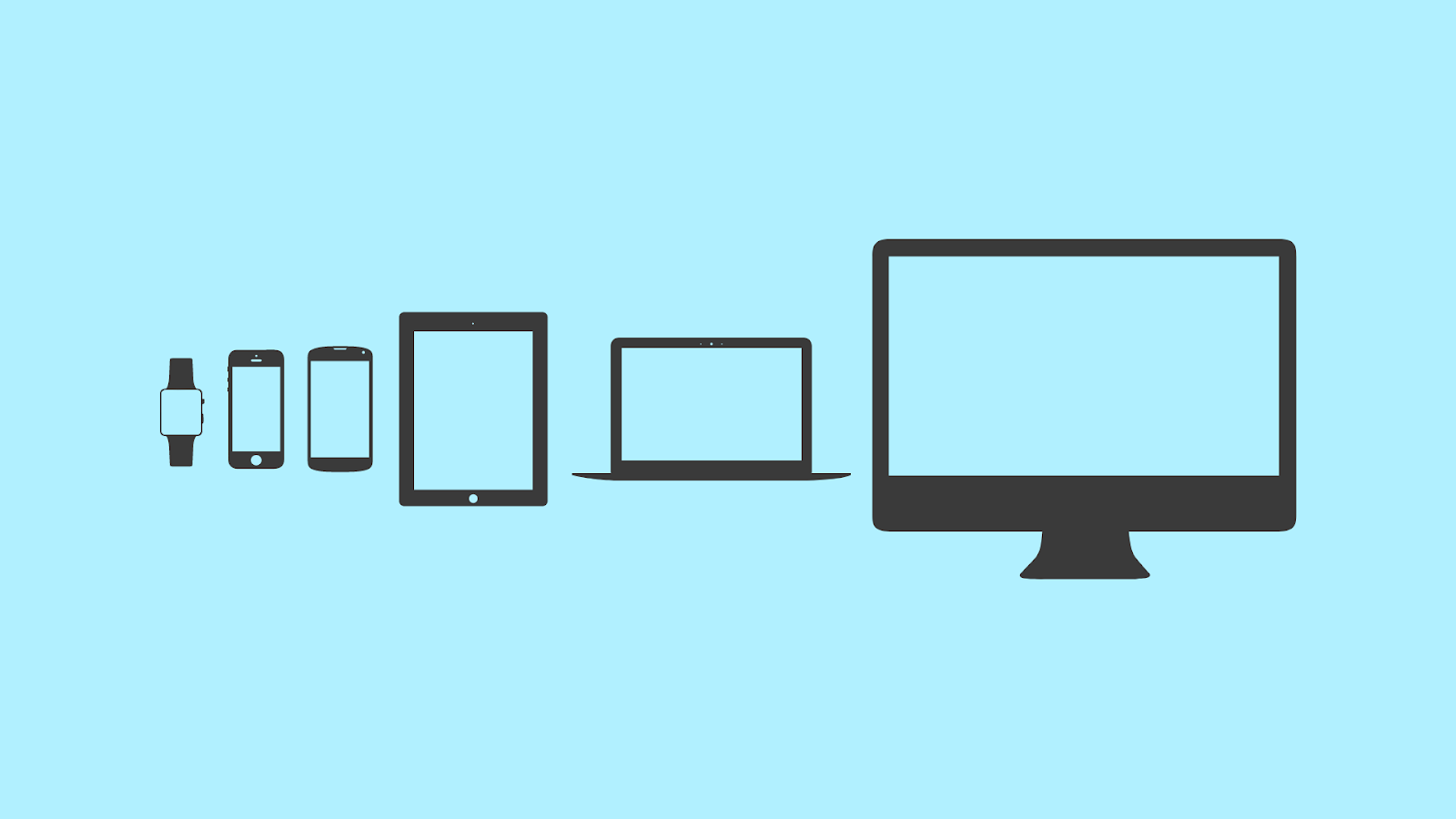 A series of devices and screen sizes. From left to right: smart watch, 2 mobile devices, tablet, laptop, desktop monitor.