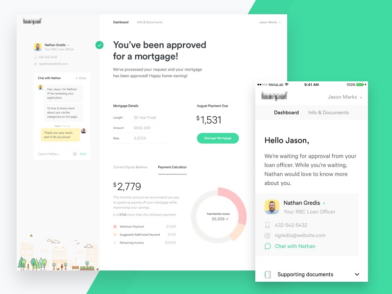 A concept UI for a mortgage application screen is visualized on a desktop and mobile breakpoint.