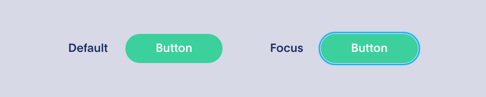 A focus state applied to a default button with green fill adds a blue outline.