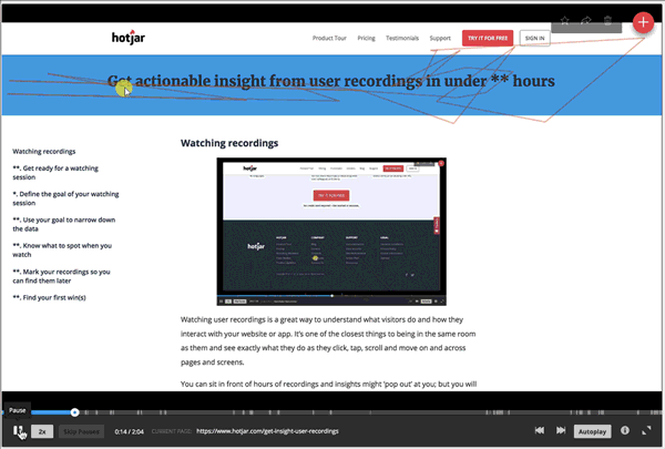 A sample website user session recording from Hotjar.