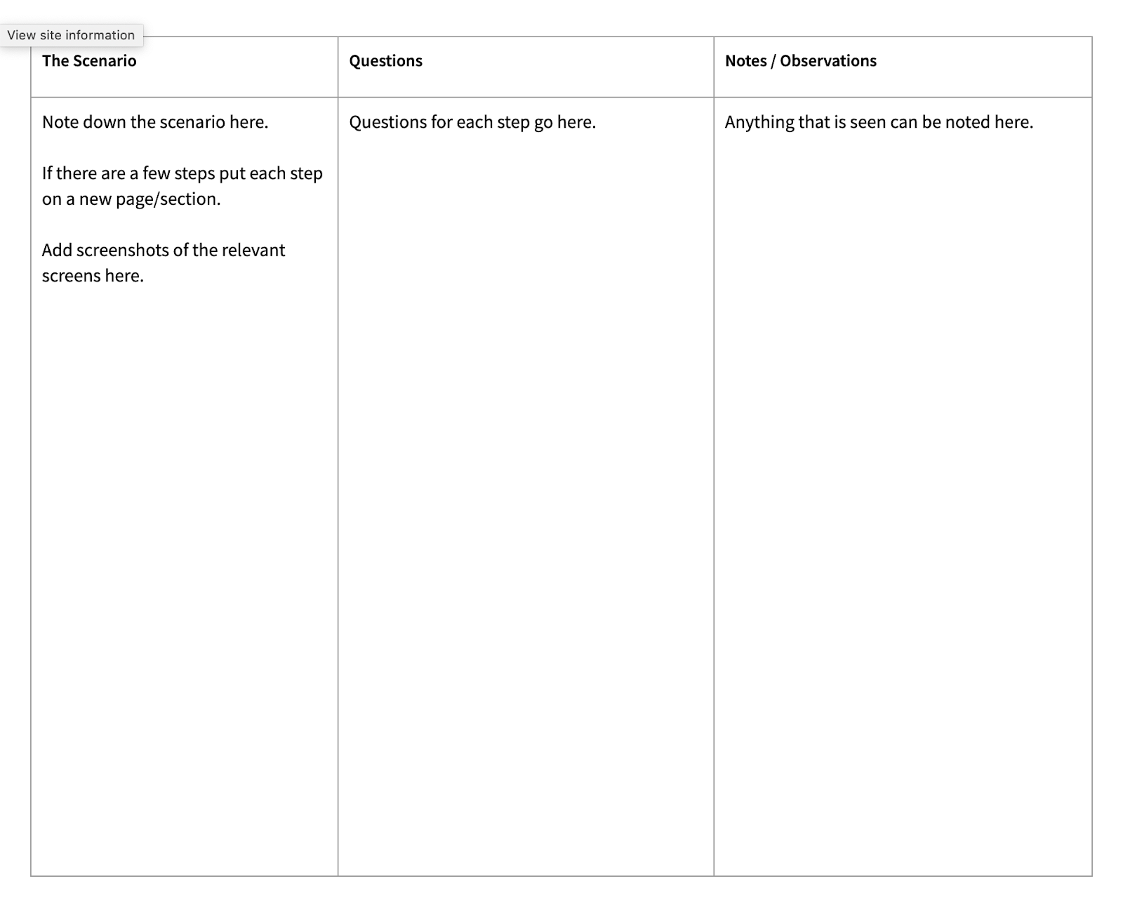 A template for questions and note taking when providing hallway usability test participants with scenarios to work through.