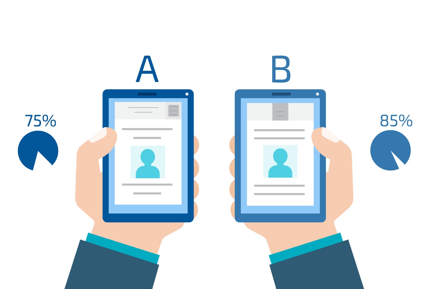 A vector illustration showing an A-B comparison between experiences on two different devices.
