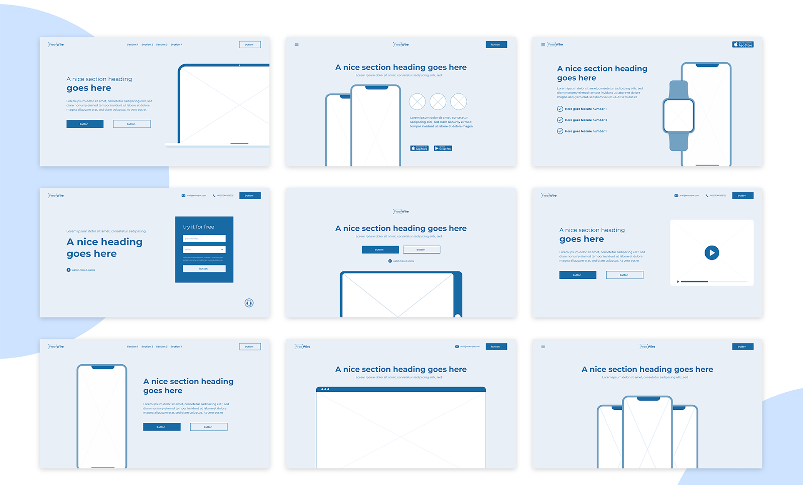 Screenshots from the Wireframe Kit for Adobe XD.