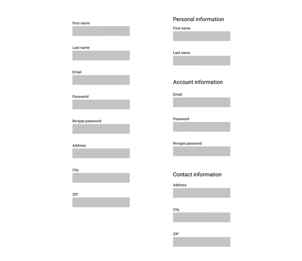 Two different online forms, one of which features input fields that are grouped together by category.