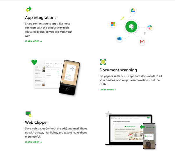 Evernote using a zig-zag design pattern to direct users' attention.