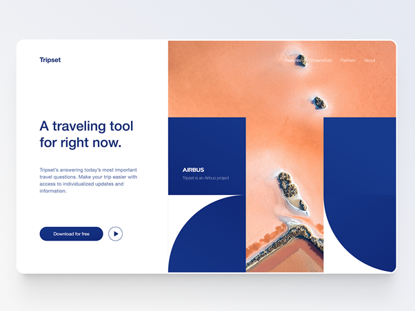 Airbus landing page that uses the color blue to create a sense of continuity and invite users to scroll for more information.