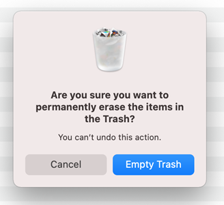 System dialog in Apple macOS that becomes visible when the user attempts to empty Trash.