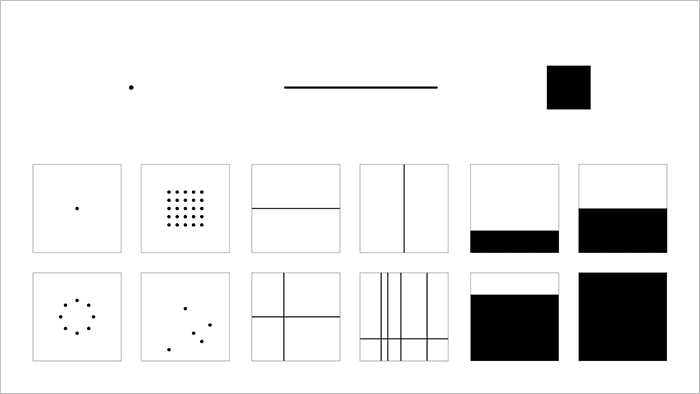  black and white graphic showing boxes containing dots, lines and filled out sections
