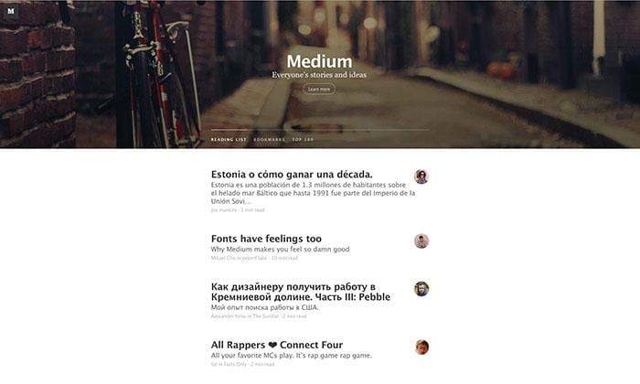 A Screenshot of the Medium.com homepage in 2014.