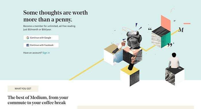 Screenshot of the medium sign up landing page.